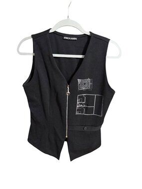 Sony Costume Dept Jessica Lauren  Womens Black Zip Front Vest With Graphic Desig